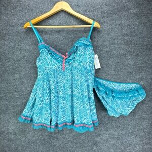 Cassandra Intimates Babydoll Lingerie Set Womens Medium Teal‎ Pink Animal Print